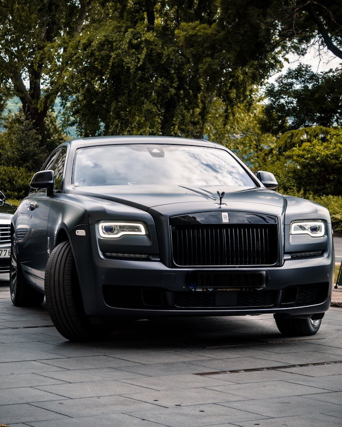 A luxury black car parked on a concrete pavement surrounded by green foliage, symbolizing elegance and sophistication.